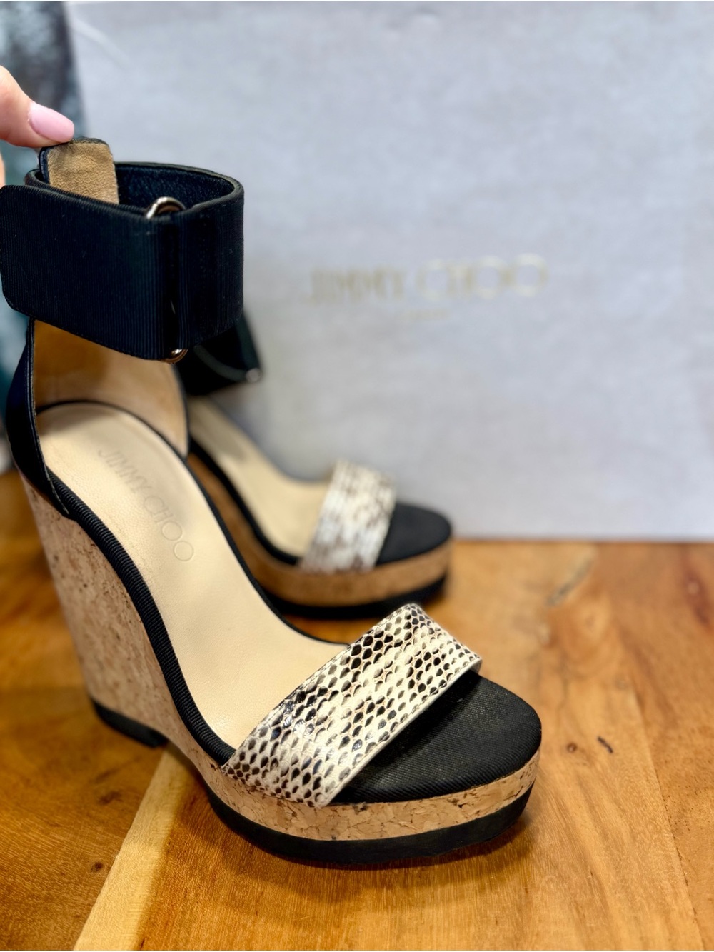 Jimmy Choo Glam Neston 5” Snakeskin Cork Wedge Sandals US 6.5 EU 36.5